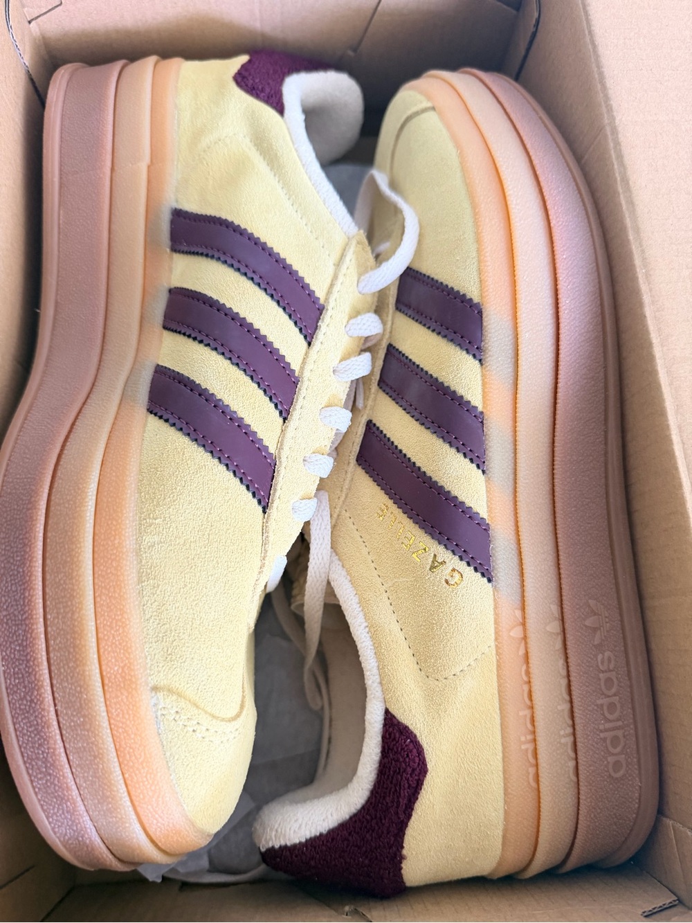 Adidas Gazelle  Yellow Suede Platform Sneaker with Dark Red  Stripes
